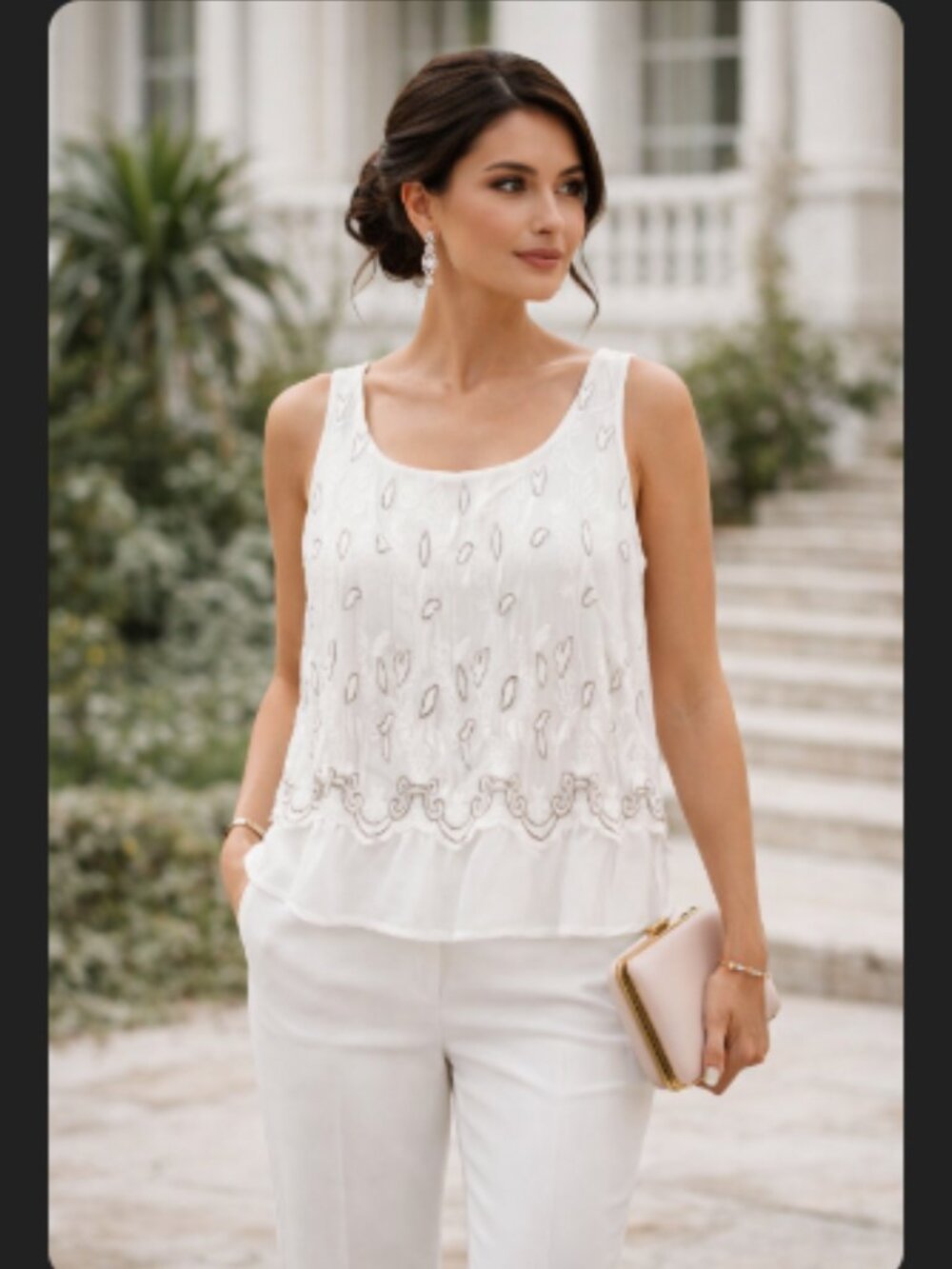 Elena Baldi White Silk Embroidered Tank Top Ruffled Boho Gold Thread Italy Small